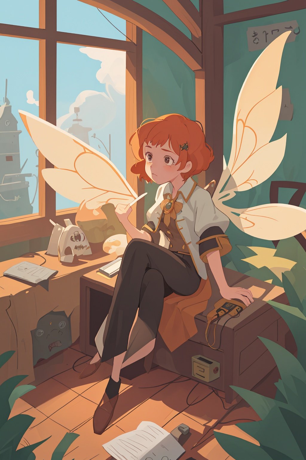 art by Anne McCaffrey, fairy tale, Girl, President, wearing suit designed by Pirates of the Caribbean, Look into the Distance, Ginger hair, Emotionally Charged Box cut hairstyle, Aspiring Wings, Handkerchief, Corporate Punk, Sunlight