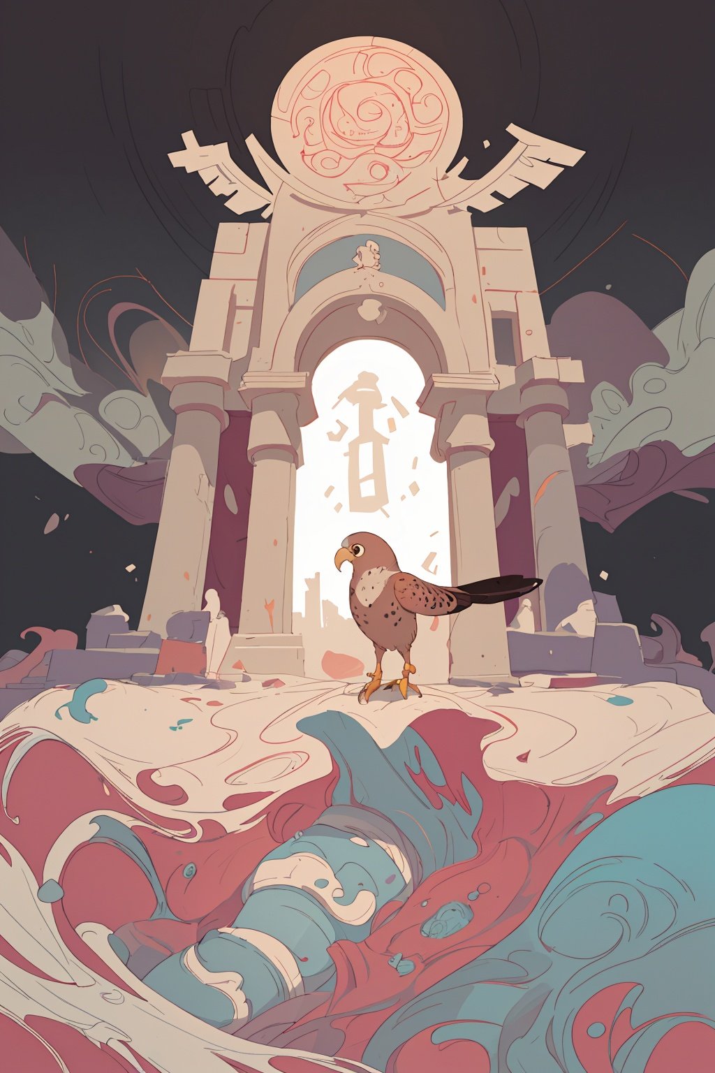 [art by Michael Whelan, (art by Januz Miralles:0.9) :2], epic dribbble style of a Discouraged Kestrel, Coaching, insane details, background is [The Palace of Knossos|Mosque], Selective focus, Infrared, Swirling, contrasting colors and Psychedelic flakes, arthouse, contest winner