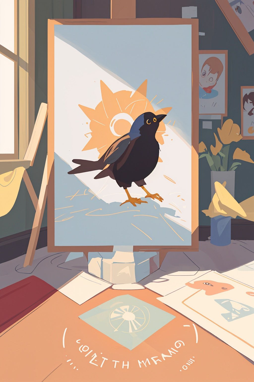 (art by Anne McCaffrey:0.7) , Drawing, best quality, eye-level shot of a Blackbird, from inside of The Four Corners Monument, Screen print, "I'm a superstar, I'm a superstar, I'm a superstar."