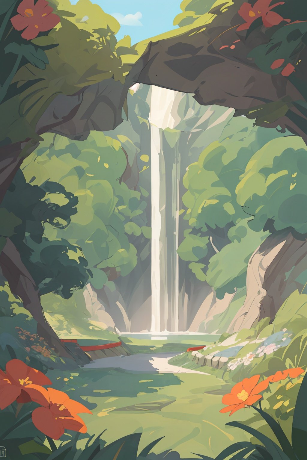 art by Jack Kirby, Photograph, landscape of a Neat Waterfall from inside of a Race track, dense flowers, at Midday, Sketched, Peaceful, Academism, Circular polarizer, trending on artstation