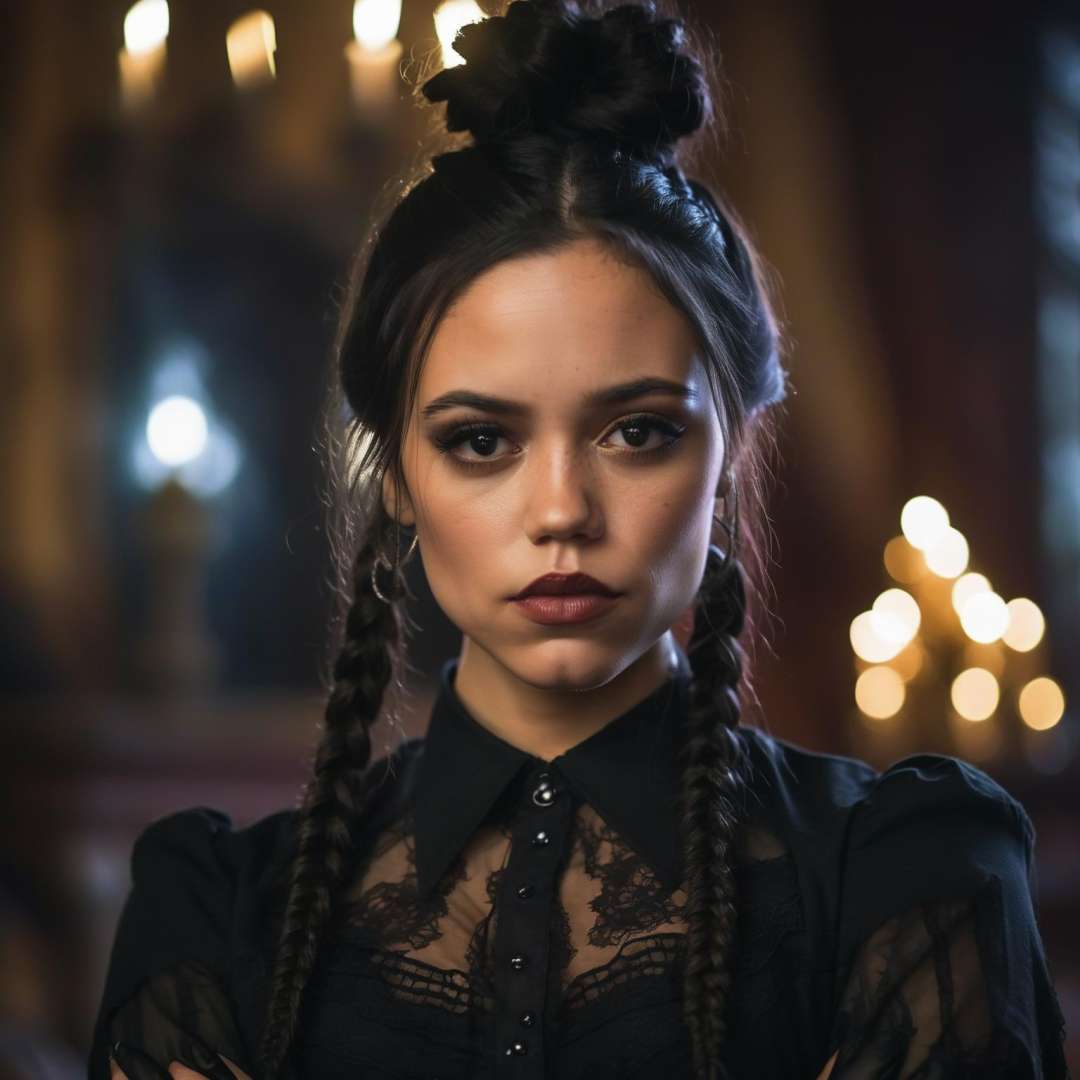 closeup of (ohwx woman) wearing gothic clothes, braided pigtails, in a castle, sharp focus, looking at the camera, makeup, cinematic look, <lora:jenna_lora_sdxl_v2-000009:1>, night time, Mystical atmosphere