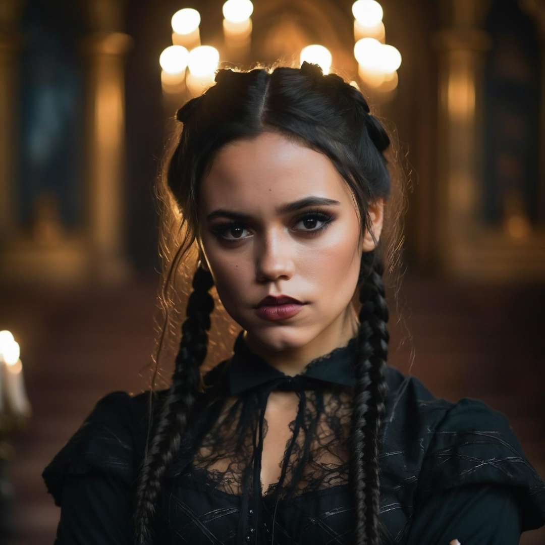 closeup of (ohwx woman) wearing gothic clothes, braided pigtails, in a castle, sharp focus, looking at the camera, makeup, cinematic look, <lora:jenna_lora_sdxl_v2-000009:1>, night time, Mystical atmosphere