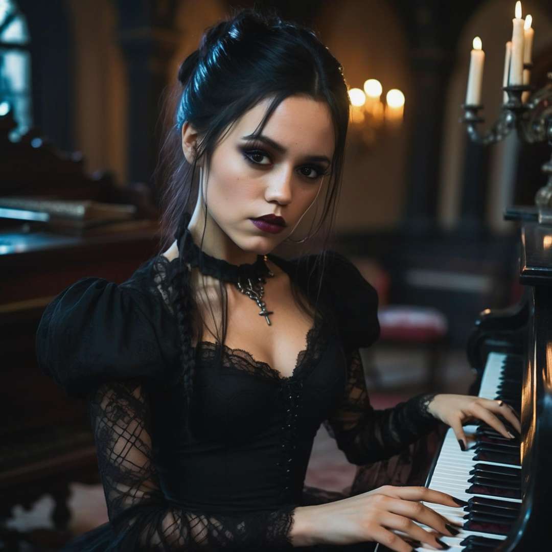 closeup of (ohwx woman) wearing sexy gothic clothes, Family Addams The thing hand, piano, in a castle, sharp focus, looking at the camera, makeup, cinematic look, <lora:jenna_lora_sdxl_v2-000009:1>, night time, Mystical atmosphere