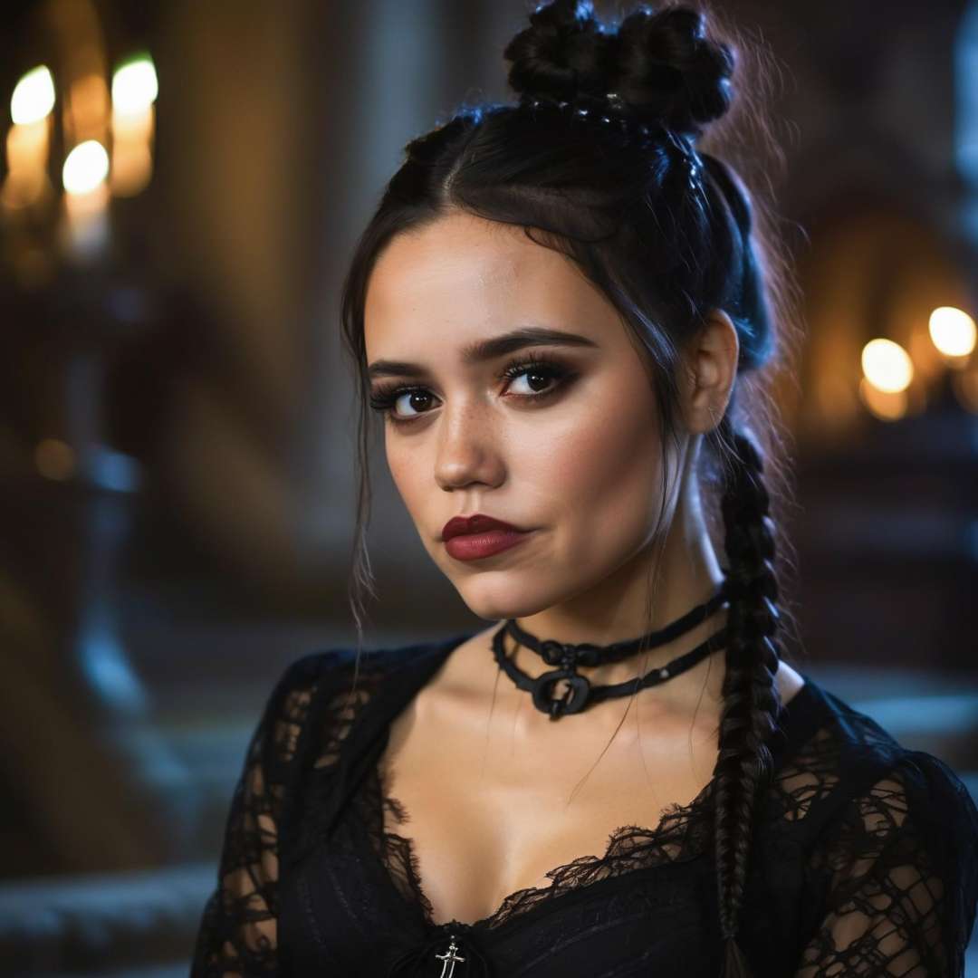 closeup of (ohwx woman) wearing gothic clothes, braided pigtails, in a castle, sharp focus, looking at the camera, makeup, cinematic look, <lora:jenna_lora_sdxl_v2-000009:1>, night time, Mystical atmosphere