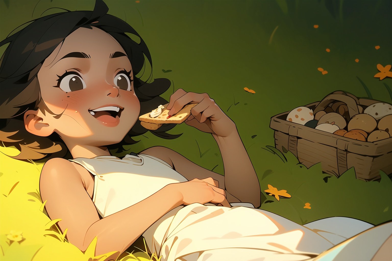 masterpiece,(masterpiece, top quality, best quality)1girl, black hair, lying, food, grass, picnic, open mouth, on stomach, white dress, smile, outdoors, sleeveless, dress, child, holding, female child, picnic basket, blush, solo, day, short hair, eating, sunlight, black eyes, sleeveless dress