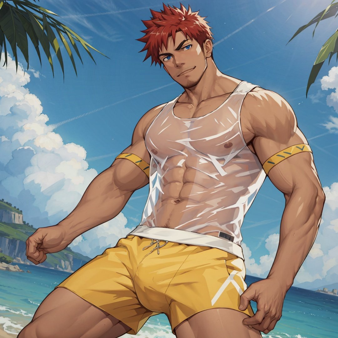 ((masterpiece)),((best quality)),8k,high detailed,ultra-detailed,anime,CG,{{Masterpiece, Best Quality, Extremely Detailed CG, Unity 8k Wallpaper }},1boy,topless, summer,dark skin,red hair,blue eyes, see-through tank top, boxer briefs,muscular,facial hair,