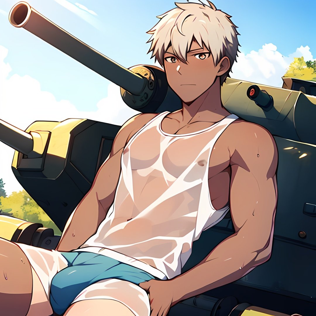 ((masterpiece)),((best quality)),8k,high detailed,ultra-detailed,anime,CG,{{Masterpiece, Best Quality, Extremely Detailed CG, Unity 8k Wallpaper }},
1boy,topless, summer,dark skin,white hair,white eyes, see-through tank top, boxer briefs,