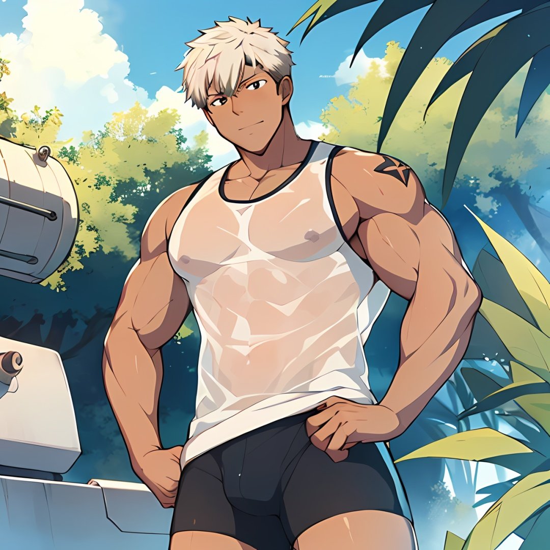 ((masterpiece)),((best quality)),8k,high detailed,ultra-detailed,anime,CG,{{Masterpiece, Best Quality, Extremely Detailed CG, Unity 8k Wallpaper }},
1boy,topless, summer,dark skin,white hair,white eyes, see-through tank top, boxer briefs,muscular,  