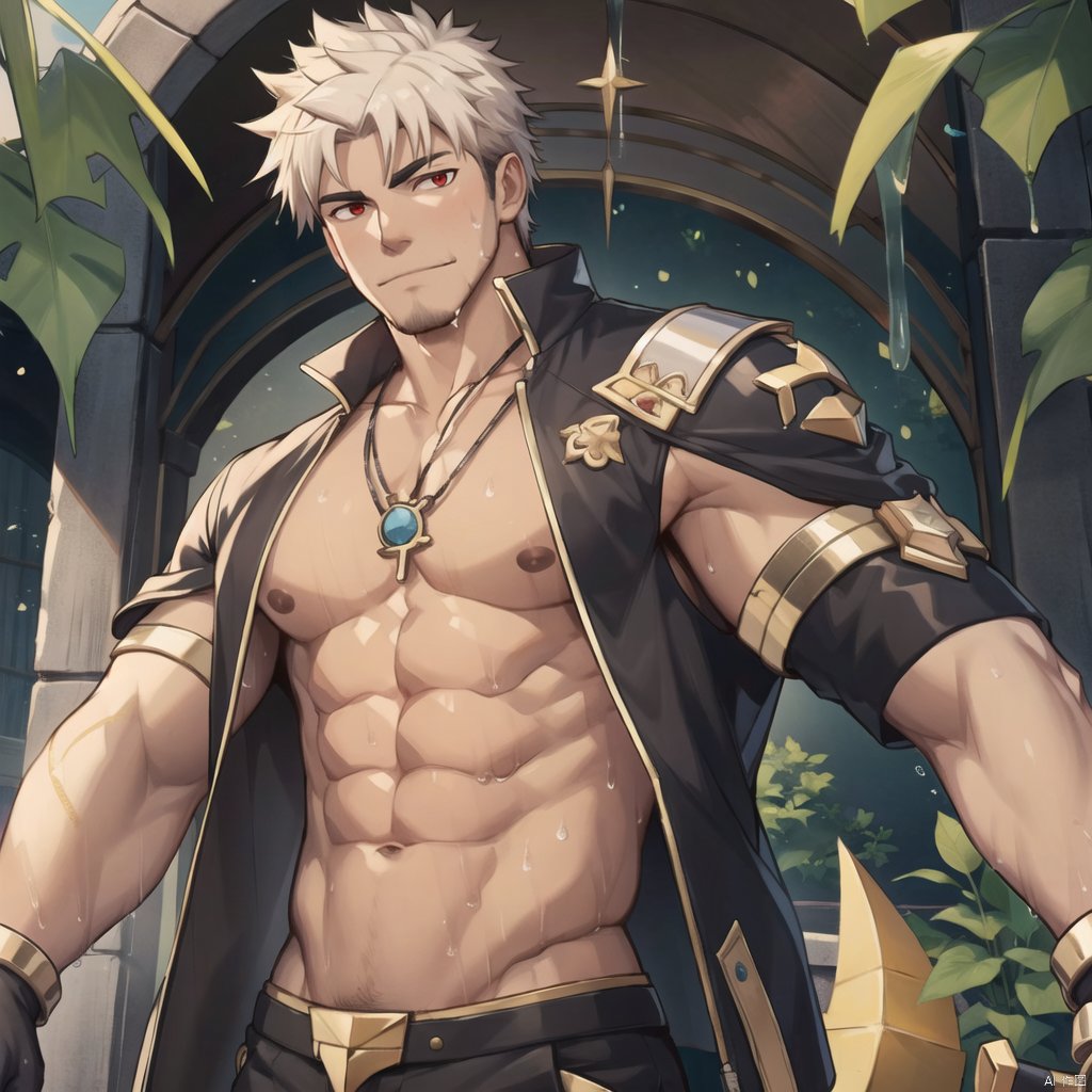  ((masterpiece)),((best quality)),8k,high detailed,ultra-detailed,anime,CG,{{Masterpiece, Best Quality, Extremely Detailed CG, Unity 8k Wallpaper }},1boy, dark skin, white hair, short hair, facial hair,stubble, chest muscles, abs, abdomen, father, red eyes, wet body, snake bone necklace, black gloves,muscular, Breast nails, upper body,