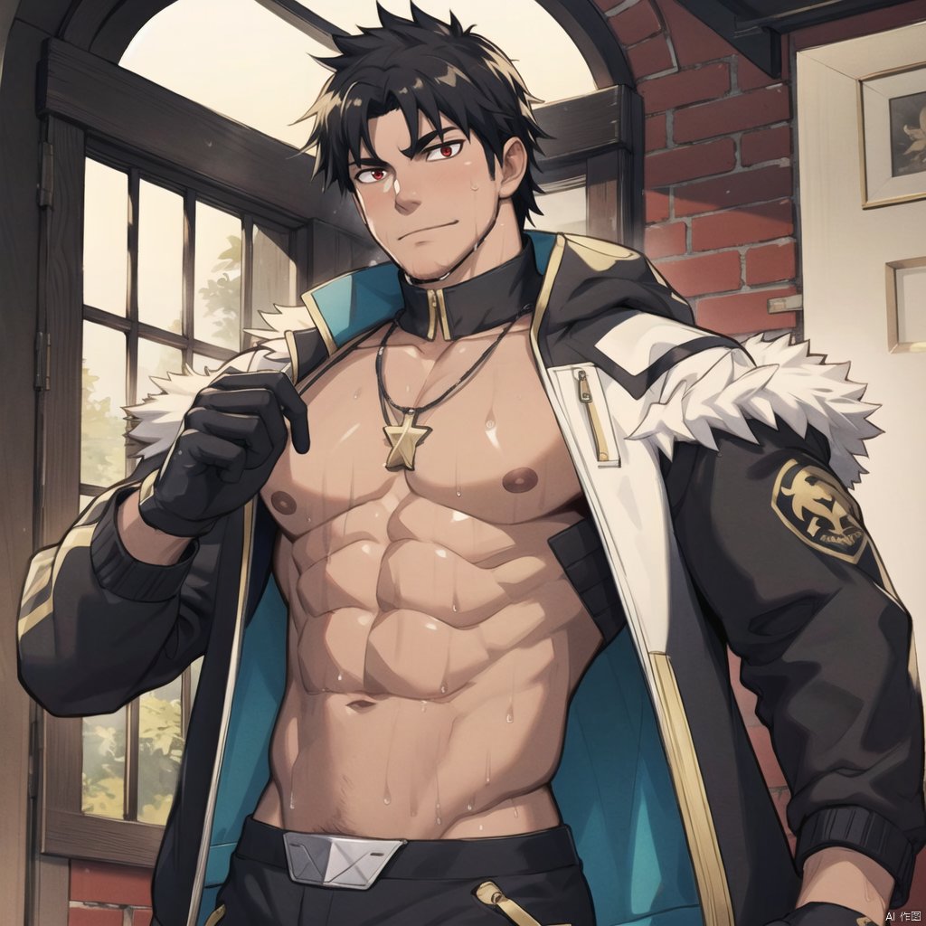  ((masterpiece)),((best quality)),8k,high detailed,ultra-detailed,anime,CG,{{Masterpiece, Best Quality, Extremely Detailed CG, Unity 8k Wallpaper }},1boy, dark skin, black hair, short hair, facial hair,stubble, chest muscles, abs, abdomen, father, white jacket, red eyes, wet body, snake bone necklace, black gloves,,muscular, Breast nails, upper body,