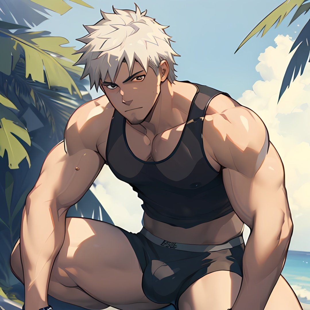 ((masterpiece)),((best quality)),8k,high detailed,ultra-detailed,anime,CG,{{Masterpiece, Best Quality, Extremely Detailed CG, Unity 8k Wallpaper }},
1boy,topless, summer,dark skin,white hair,white eyes, see-through tank top, boxer briefs,