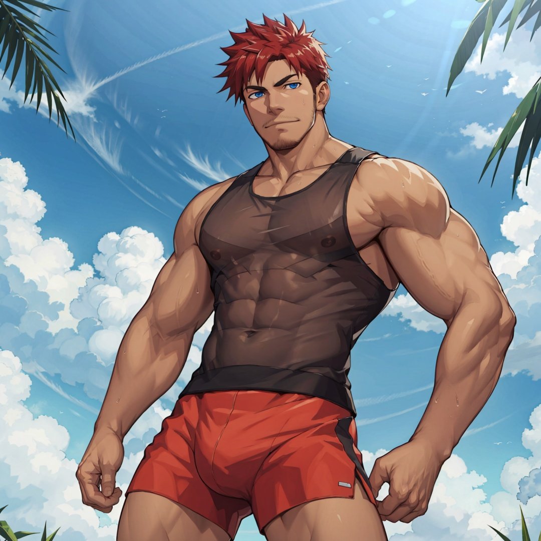 ((masterpiece)),((best quality)),8k,high detailed,ultra-detailed,anime,CG,{{Masterpiece, Best Quality, Extremely Detailed CG, Unity 8k Wallpaper }},1boy,topless, summer,dark skin,red hair,blue eyes, see-through tank top, boxer briefs,muscular,facial hair,