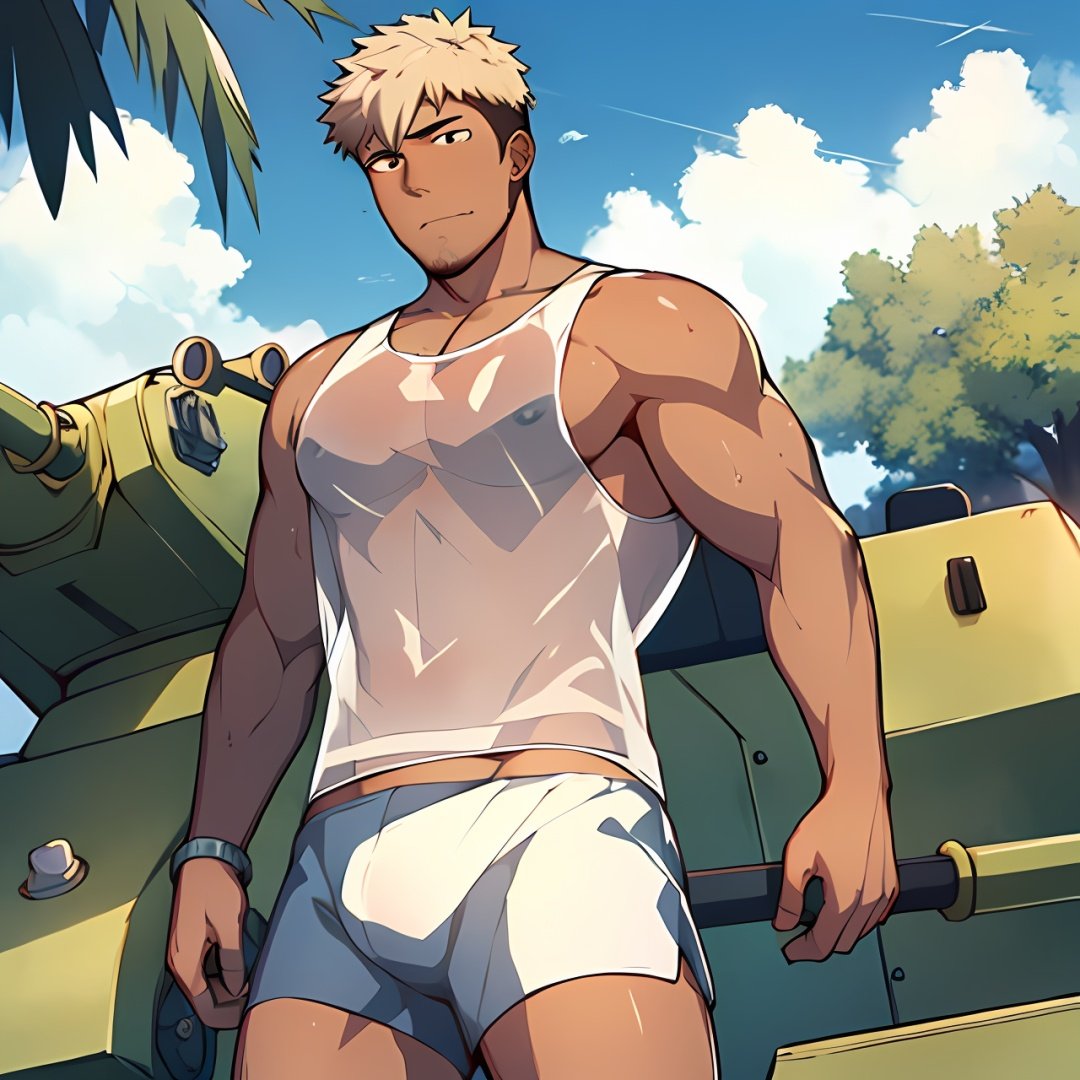 ((masterpiece)),((best quality)),8k,high detailed,ultra-detailed,anime,CG,{{Masterpiece, Best Quality, Extremely Detailed CG, Unity 8k Wallpaper }},
1boy,topless, undercut,summer,dark skin,white hair,white eyes, see-through tank top, boxer briefs,muscular,facial hair,stubble,  