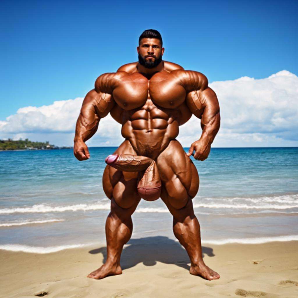 photo, solo, nude, huge tan muscular male human man standing at the beach, tan body, beard, big muscles, huge muscles, hyper muscles, big penis, huge penis, hyper penis, big balls, huge balls, hyper balls, huge pecs, huge nipples, foreskin, humanoid genitals, 5 fingers, plantigrade, feet, 5 toes, cinematic <lora:BulkedUpAIR1:0.5>