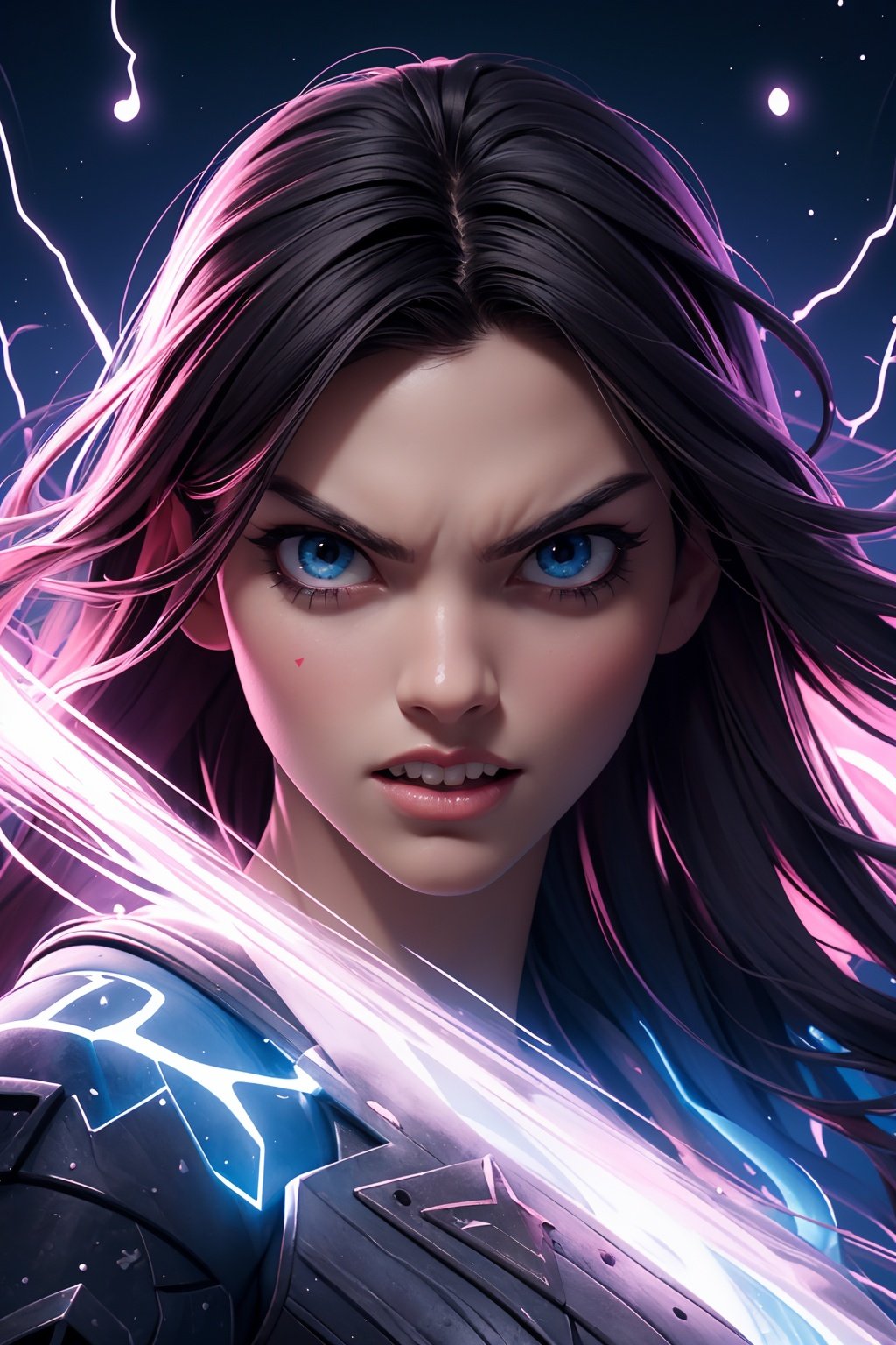 (masterpiece, top quality, best quality, official art, beautiful and aesthetic:1.2), angry girl, detailed face, luminous effects, highest detailed, floating particles, ancient runes, geometric patterns, energy, mana, bright scene, epic atmosphere, clenched teeth