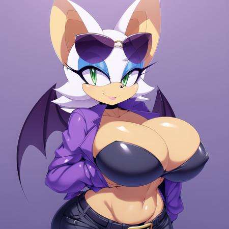 <lora:Rouge the Batv2:1>, 1girl, solo, breasts, looking at viewer, smile, short hair, large breasts, gloves, long sleeves, navel, holding, animal ears, cleavage, green eyes, jacket, white hair, open clothes, wings, fang, midriff, belt, pants, white gloves, signature, open jacket, strapless, makeup, half-closed eyes, sunglasses, bat wings, furry, eyeshadow, furry female, bandeau, tube top, purple jacket, eyewear removed, animal nose, holding eyewear, blue eyeshadow, bat ears, Rouge the bat, by naoto oshima, by marthedog, by mleonheart, 