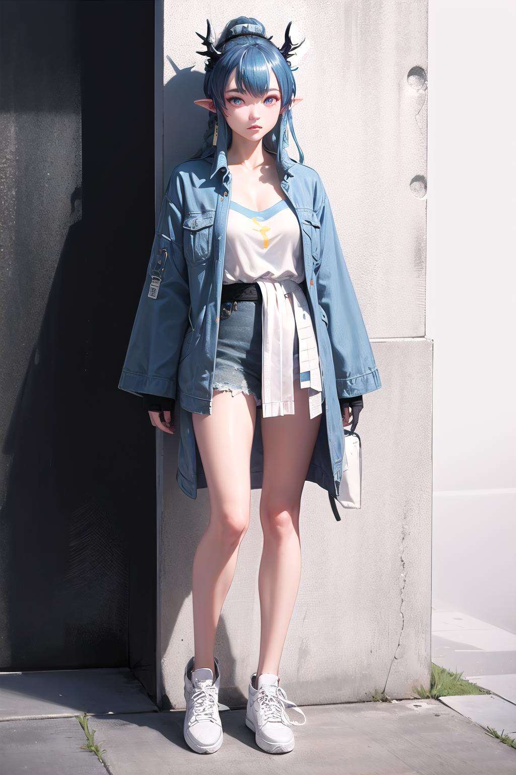 <lora:ak_ling-10:1>,ak_ling,full body, choose a casual and minimalist t-shirt dress in a solid color, styled with white sneakers and a denim jacket tied around the waist, for an easygoing and versatile look