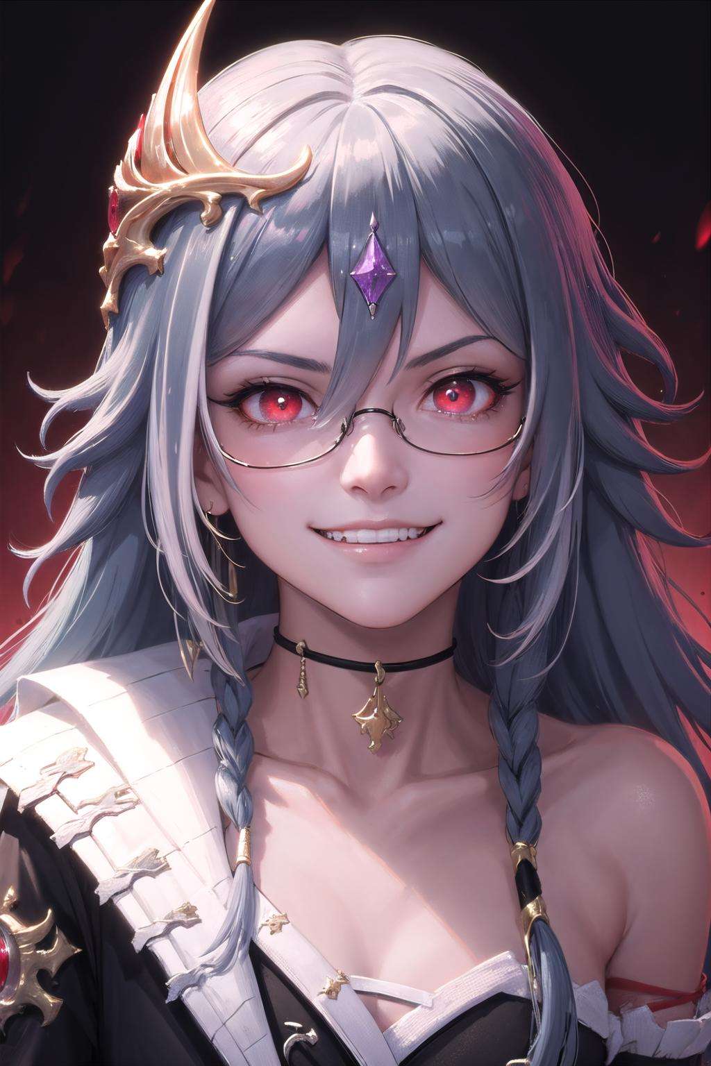 (highly detailed:1.3), 1girl, solo, <lora:senti-10:1>, senti,red eyes,semi-rimless eyewear, (evil grin:1.3), (smile:1.2), Ultra-detail, (highres:1.1), best quality, (masterpiece:1.3), cinematic lighting, (highly detailed face and eyes:1.3), 