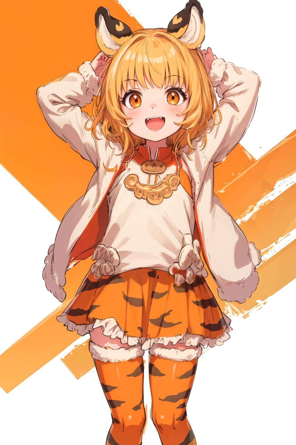 masterpiece,high quality,1girl,(solo:1.3),open mouth,happy,blonde hair,orange eyes,tiger ears,(orange legwear:1.2),tiger print,(long sleeves:1.2),(loli:1.1),(child:1.1), <lora:EMS-859-EMS:1.2>