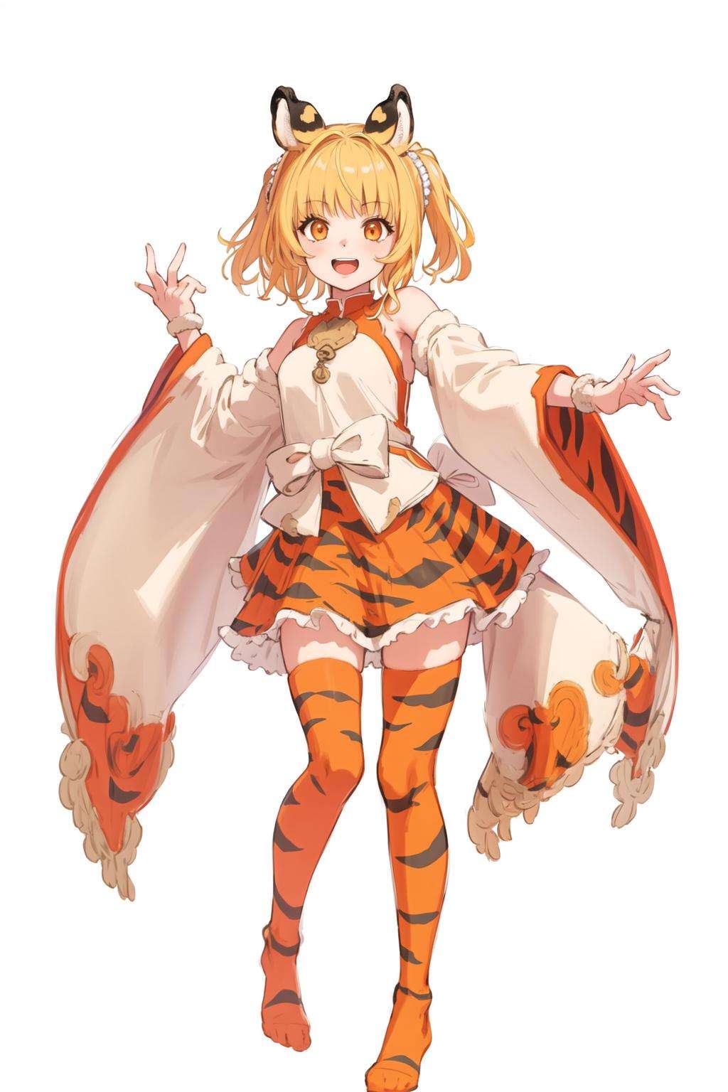 masterpiece,high quality,1girl,(solo:1.2),full body,standing,(white background:1.2),open mouth,happy,blonde hair,orange eyes,tiger ears,orange legwear,long sleeves,, <lora:EMS-859-EMS:1.2>