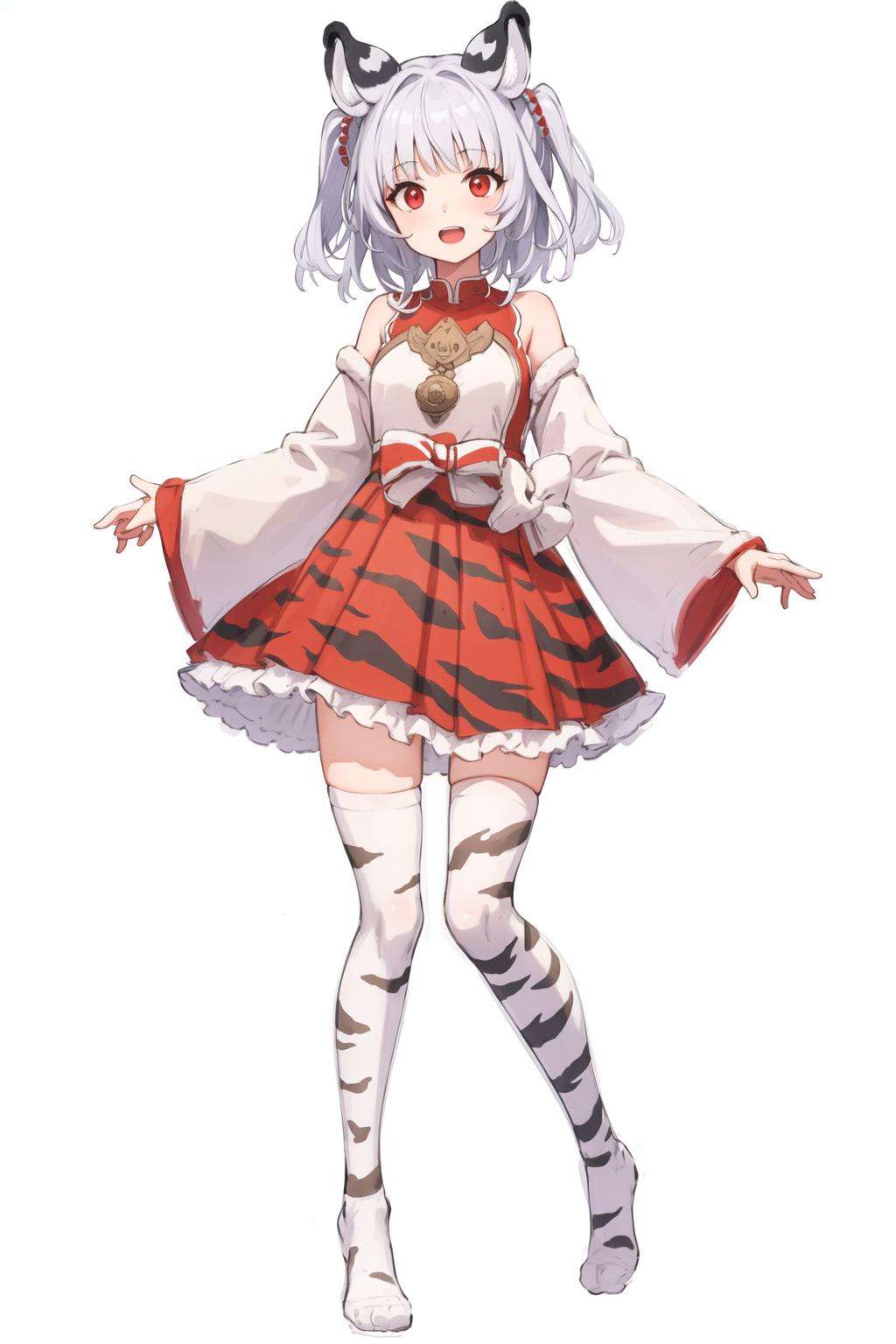 masterpiece,high quality,1girl,(solo:1.2),full body,standing,(white background:1.2),open mouth,happy,sliver hair,red eyes,tiger ears,white legwear,long sleeves,, <lora:EMS-859-EMS:1.2>