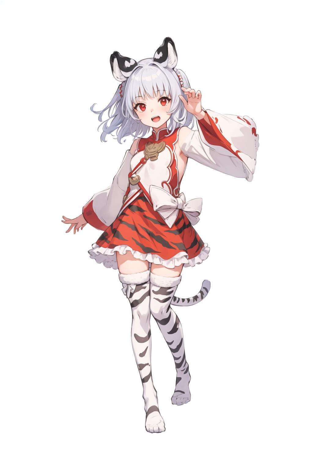 masterpiece,high quality,1girl,(solo:1.2),full body,standing,(white background:1.2),open mouth,happy,sliver hair,red eyes,tiger ears,white legwear,long sleeves,, <lora:EMS-859-EMS:1.2>