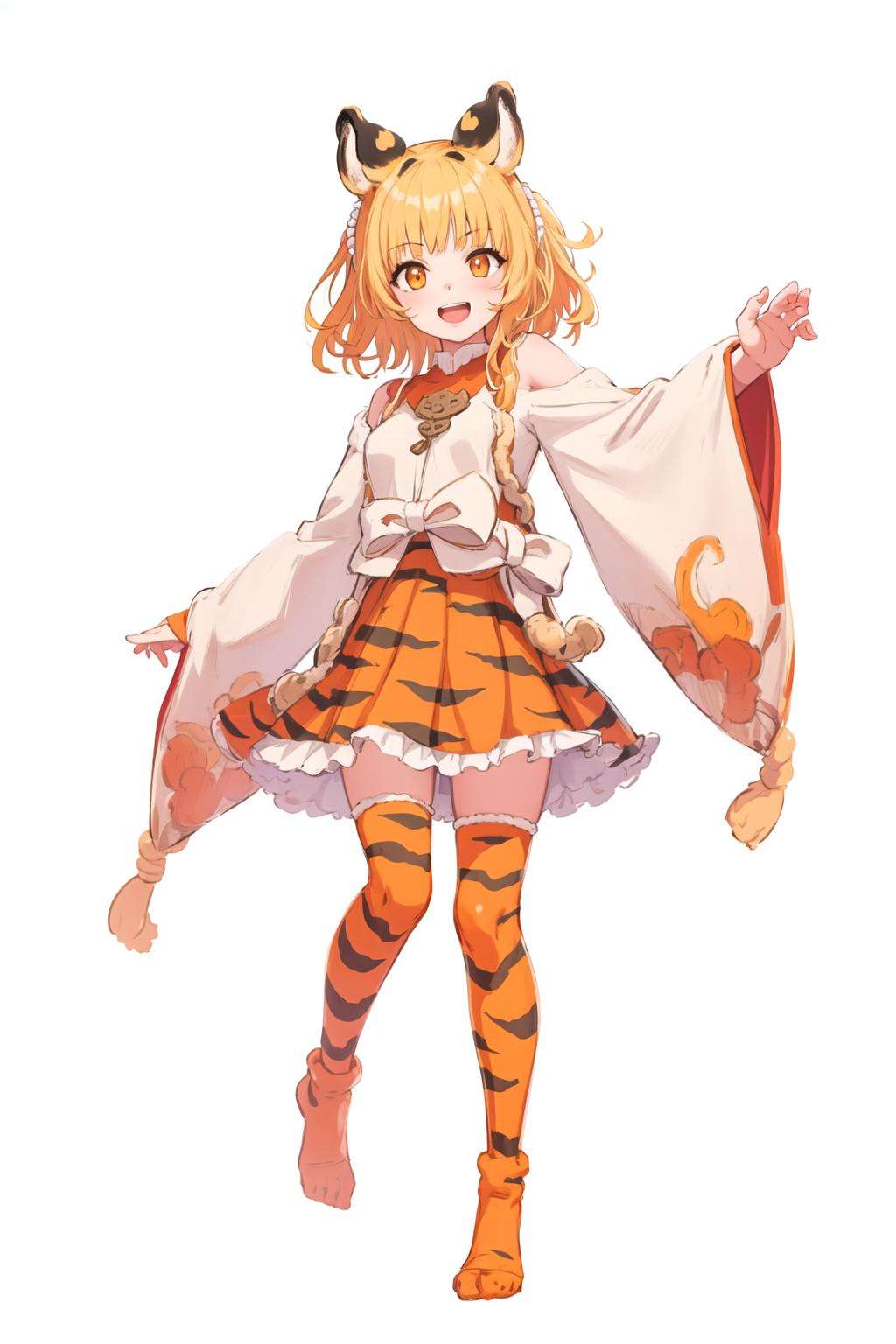 masterpiece,high quality,1girl,(solo:1.2),full body,standing,(white background:1.2),open mouth,happy,blonde hair,orange eyes,tiger ears,orange legwear,long sleeves,, <lora:EMS-859-EMS:1.2>