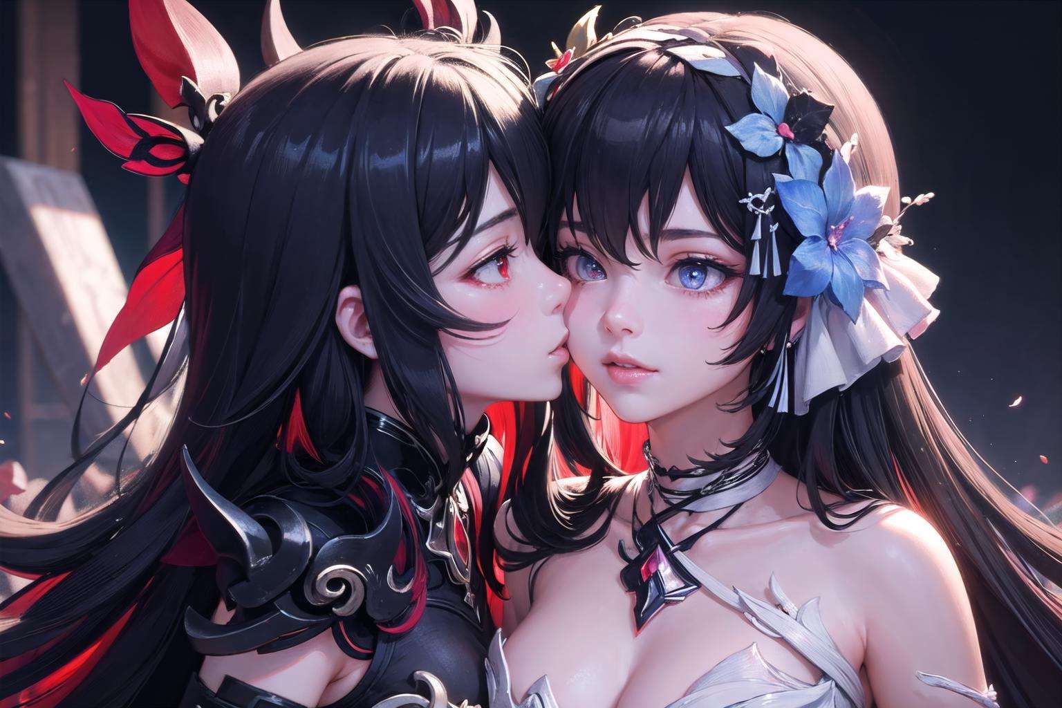 (highly detailed:1.3), Ultra-detail, (highres:1.1), best quality, (masterpiece:1.3), cinematic lighting,2girls,(kissing forehead:1.1)   BREAK(upper body:1.1), <lora:sc_nyx-10:1>, sc_nyx, large breasts, red eyes, BREAK(upper body:1.1),<lora:seele_horb-10:1>,horb, blue eyes,  (light smile:1.2),