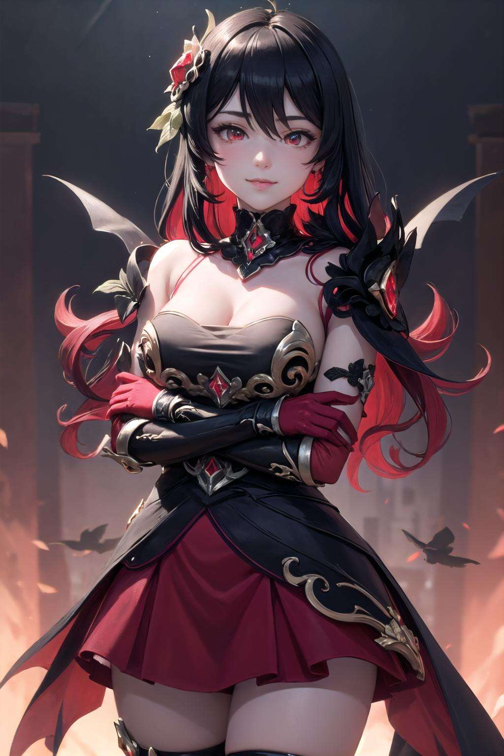 <lora:GoodHands-beta2_2:1>, (highly detailed:1.3), <lora:sc_nyx-10:1>, sc_nyx, large breasts,cleavage, light smile, crossed arms, red gloves, Ultra-detail, (highres:1.1), best quality, (masterpiece:1.3), cinematic lighting, 