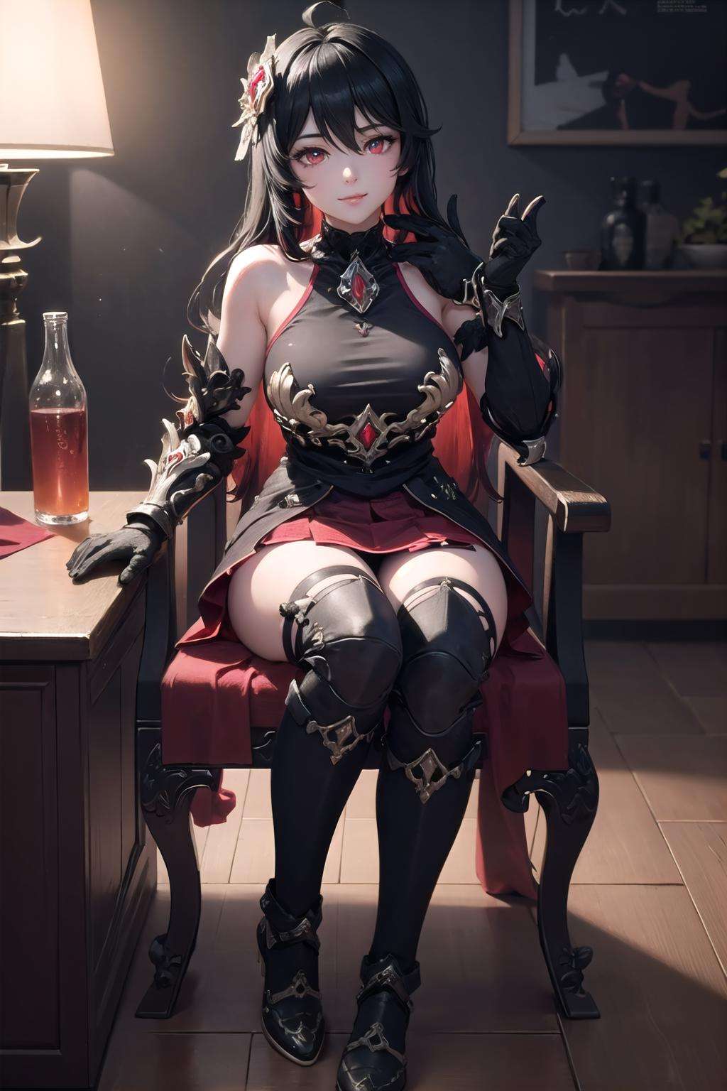 <lora:GoodHands-beta2_2:1>, (highly detailed:1.3), 1girl, solo, (full body:1.2), <lora:sc_nyx-10:1>, sc_nyx, large breasts, light smile, red eyes, sitting, dinning table and chair,Ultra-detail, (highres:1.1), best quality, (masterpiece:1.3), cinematic lighting, (highly detailed face and eyes:1.3), 