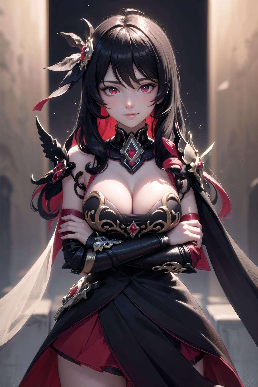 <lora:GoodHands-beta2_2:1>, (highly detailed:1.3), <lora:sc_nyx-10:1>, sc_nyx, large breasts, see-through cleavage, light smile, crossed arms, Ultra-detail, (highres:1.1), best quality, (masterpiece:1.3), cinematic lighting, 