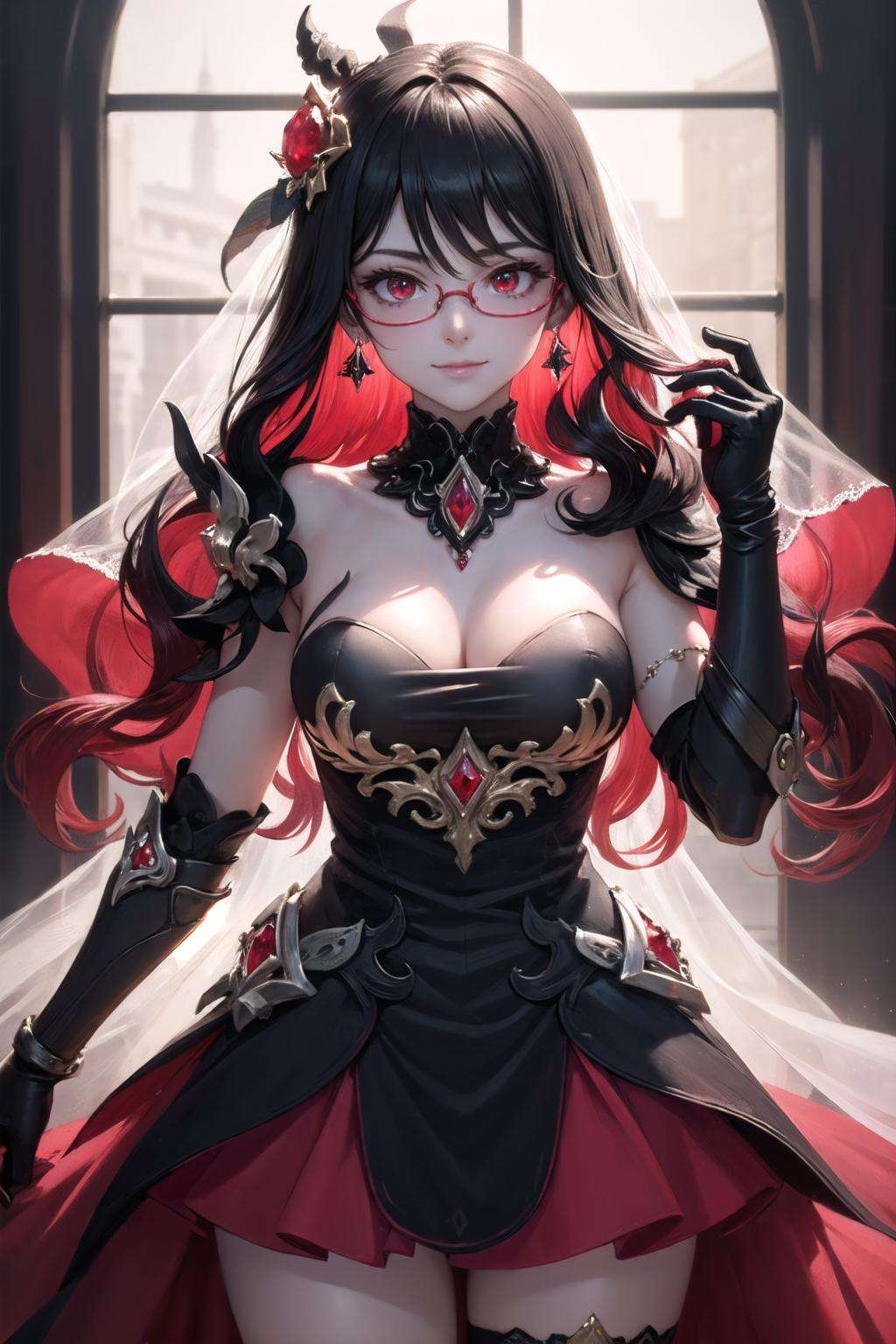 <lora:GoodHands-beta2_2:1>, (highly detailed:1.3), <lora:sc_nyx-10:1>, sc_nyx, (wedding dress:1.3), navel, midriff, (jewelry:1.3), (golden semi-rimless eyewear:1.2), (light smile:1.1), (red diamond necklace:1.3), (red diamond earrings:1.2), red eyes, (large breasts:1.2), (hand in own hair:1.2), (red diamond navel piercing:1.1), (bridal gauntlets:1.2), (bridal veil:1.2), Ultra-detail, (highres:1.1), best quality, (masterpiece:1.3), cinematic lighting, 