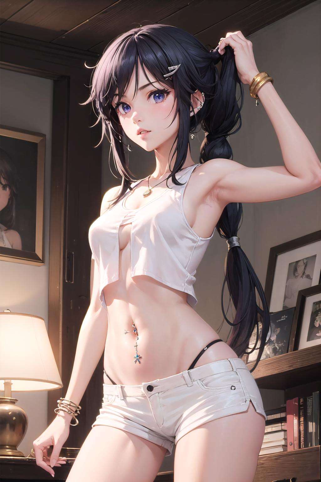 <lora:cc_kunosato_mio-10:1>,cc_kunosato_mio,(bohemian chic fashion:1.2), (white short shorts:1.2), (sleeveless shirt:1.3), (bare shoulders:1.2), 