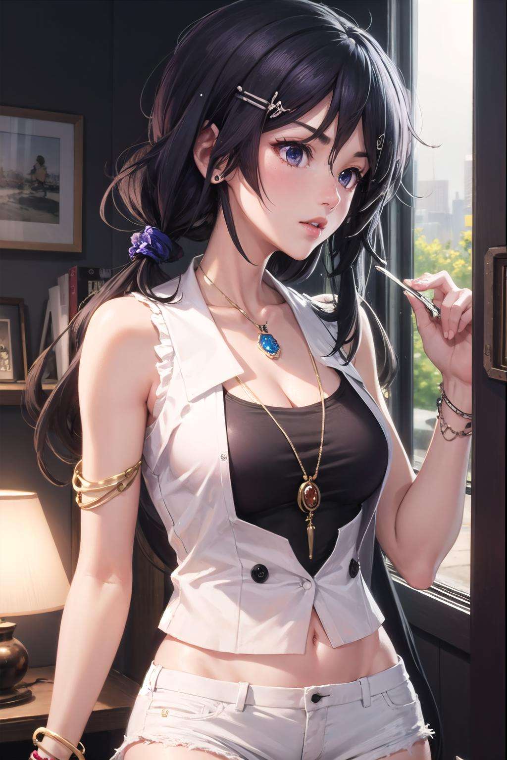 <lora:cc_kunosato_mio-10:1>,cc_kunosato_mio,(bohemian chic fashion:1.2), (white short shorts:1.2), (sleeveless shirt:1.3), (bare shoulders:1.2), (jewelry:1.2), (bracelet:1.2), 