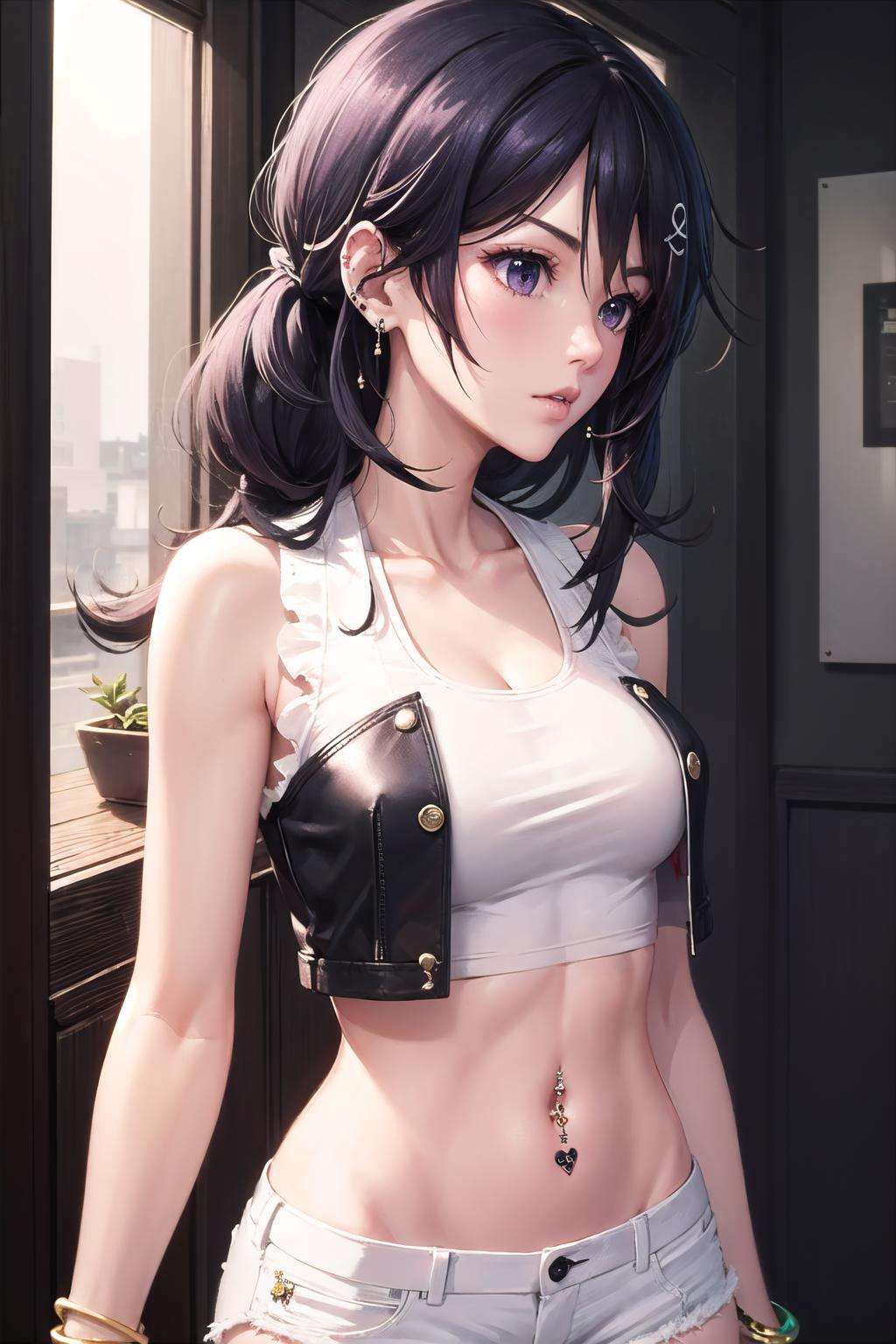 <lora:cc_kunosato_mio-10:1>,cc_kunosato_mio,(bohemian chic fashion:1.2), (white short shorts:1.2), (sleeveless shirt:1.3), (bare shoulders:1.2), (jewelry:1.2), (bracelet:1.2), (navel:1.2), (midriff:1.1), (navel piercing:1.4), 