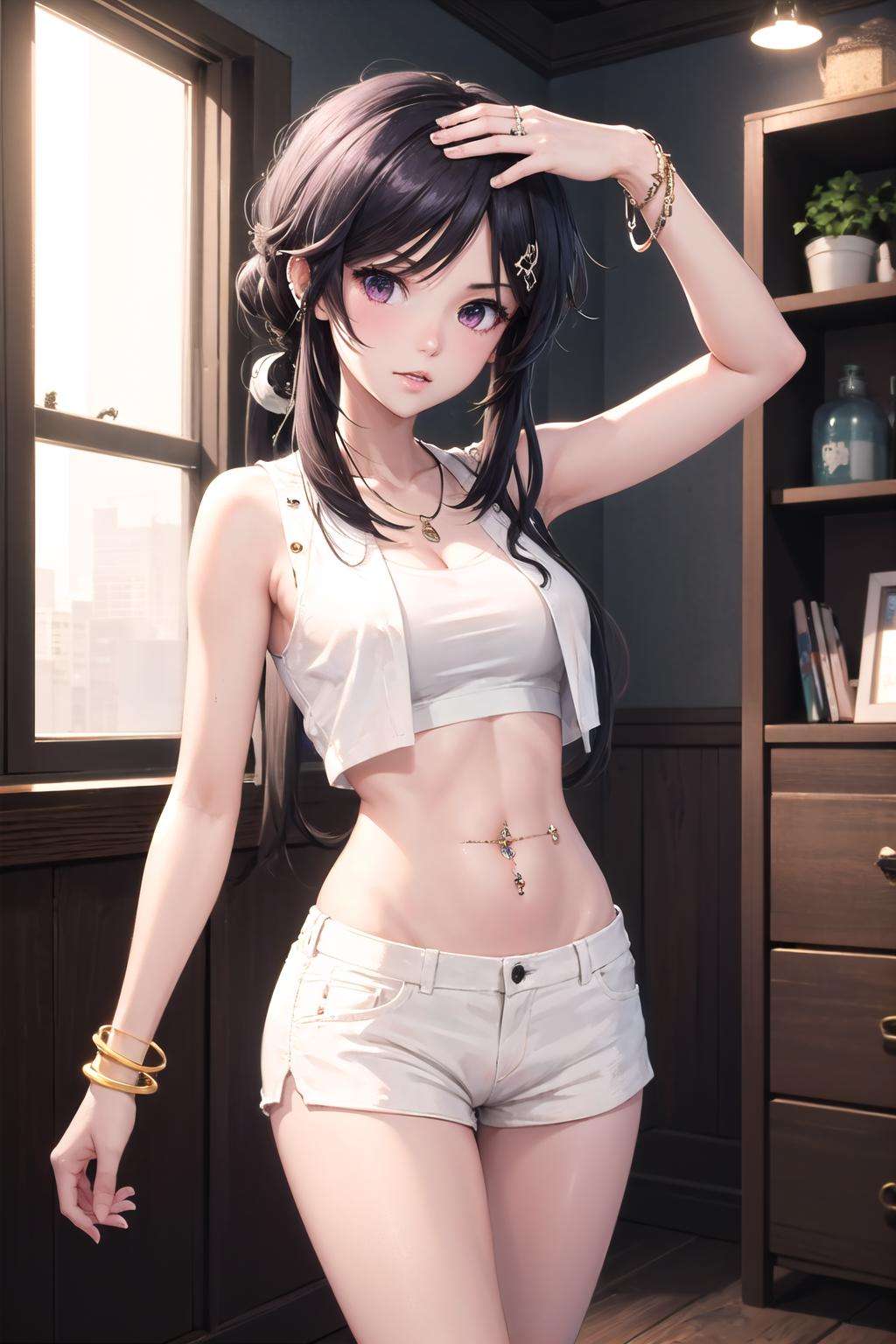 <lora:cc_kunosato_mio-10:1>,cc_kunosato_mio,(bohemian chic fashion:1.2), (white short shorts:1.2), (sleeveless shirt:1.3), (bare shoulders:1.2), (jewelry:1.2), (bracelet:1.2), (navel:1.2), (midriff:1.1), (navel piercing:1.4), 