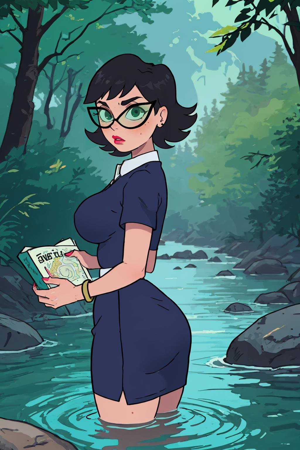 (masterpiece, best quality:1.2),  <lora:eleanor_butterbean:.9>, eleanor butterbean, 1girl, book, solo, black hair, breasts, jewelry, short hair, earrings, bracelet, glasses, large breasts, dress, short sleeves, lips, skirt, nail polish, shirt, makeup, bangs, high-waist skirt, green eyes, wide hips, sunglasses, stud earrings, collared shirt, swept bangs, flipped hair, pink nails, teacher, blue dress, wading, water, river, nature, rock, forest, outdoors, stream, profile, from side, bush, day