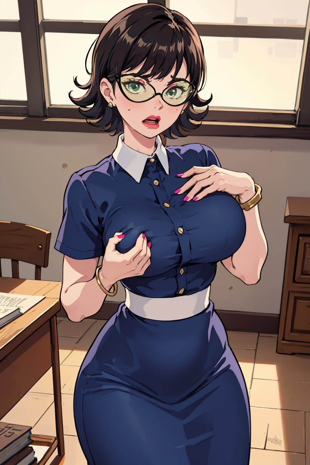 (masterpiece, best quality:1.2),  <lora:eleanor_butterbean:.9>, eleanor butterbean, 1girl, book, solo, black hair, breasts, jewelry, short hair, earrings, bracelet, glasses, large breasts, dress, short sleeves, lips, skirt, nail polish, shirt, makeup, bangs, high-waist skirt, green eyes, wide hips, sunglasses, stud earrings, collared shirt, swept bangs, flipped hair, pink nails, teacher, blue dress, open mouth, desk, looking at viewer, indoors, sweat, grabbing own breast, lamp, drooling, window