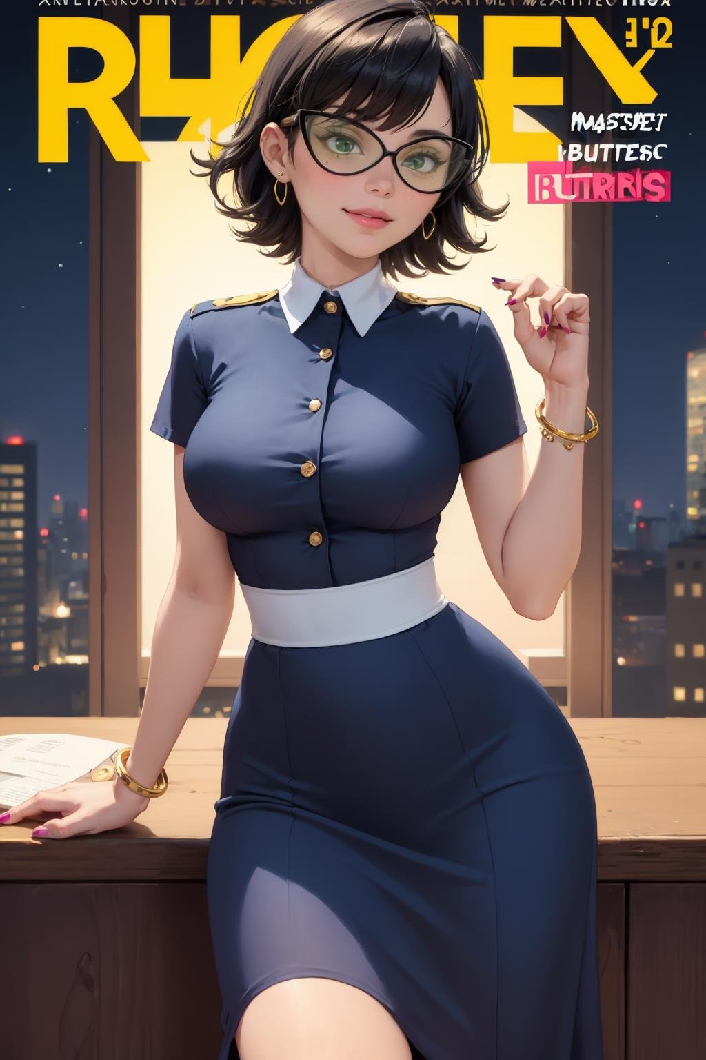 (masterpiece, best quality:1.2),  <lora:eleanor_butterbean:.9>, eleanor butterbean, 1girl, book, solo, black hair, breasts, jewelry, short hair, earrings, bracelet, glasses, large breasts, dress, short sleeves, lips, skirt, nail polish, shirt, makeup, bangs, high-waist skirt, green eyes, wide hips, sunglasses, stud earrings, collared shirt, swept bangs, flipped hair, pink nails, teacher, blue dress, looking at viewer, english text, night, smile, badge, cover, :3, magazine cover, upper body, outdoors, sky, fake cover, night sky, button badge, building, closed mouth