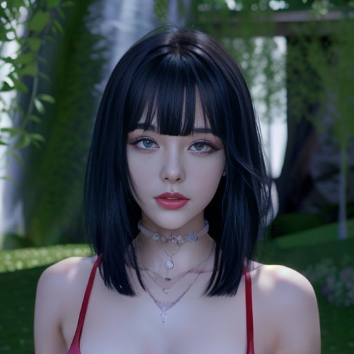 1girl, 3d, bangs, bare shoulders, black hair, blue eyes, dim eyes, alluring eyes, flirty eyes, blunt bangs, blur censor, blurry, blurry background, blurry foreground, bokeh, branch, bush, choker, christmas tree, chromatic aberration, cosplay photo, day, depth of field, deviantart username, focused, forest, garden, grass, jewelry, jungle, lips, looking at viewer, motion blur, nature, necklace, outdoors, palm tree, park, parted lips, photo \(medium\), photo background, pink lips, plant, realistic, red lips, solo, tree, wisteria, a woman with a choker and a necklace on her neck in a red dress in a forest with a waterfall, Ai-Mitsu, high detail 8 k, a screenshot, aestheticism, look sideways