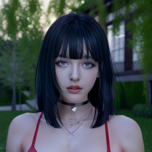 1girl, 3d, bangs, bare shoulders, black hair, blue eyes, dim eyes, alluring eyes, flirty eyes, blunt bangs, blur censor, blurry, blurry background, blurry foreground, bokeh, branch, bush, choker, christmas tree, chromatic aberration, cosplay photo, day, depth of field, deviantart username, focused, forest, garden, grass, jewelry, jungle, lips, looking at viewer, motion blur, nature, necklace, outdoors, palm tree, park, parted lips, photo \(medium\), photo background, pink lips, plant, realistic, red lips, solo, tree, wisteria, a woman with a choker and a necklace on her neck in a red dress in a forest with a waterfall, Ai-Mitsu, high detail 8 k, a screenshot, aestheticism