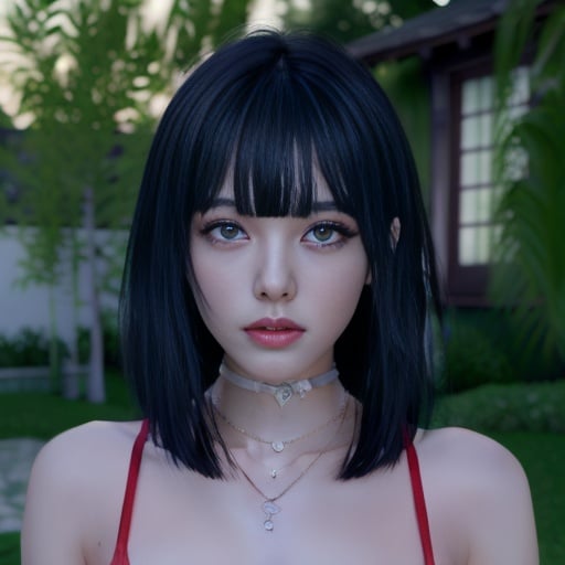 1girl, 3d, bangs, bare shoulders, black hair, blue eyes, dim eyes, alluring eyes, flirty eyes, blunt bangs, blur censor, blurry, blurry background, blurry foreground, bokeh, branch, bush, choker, christmas tree, chromatic aberration, cosplay photo, day, depth of field, deviantart username, focused, forest, garden, grass, jewelry, jungle, lips, looking at viewer, motion blur, nature, necklace, outdoors, palm tree, park, parted lips, photo \(medium\), photo background, pink lips, plant, realistic, red lips, solo, tree, wisteria, a woman with a choker and a necklace on her neck in a red dress in a forest with a waterfall, Ai-Mitsu, high detail 8 k, a screenshot, aestheticism, look sideways