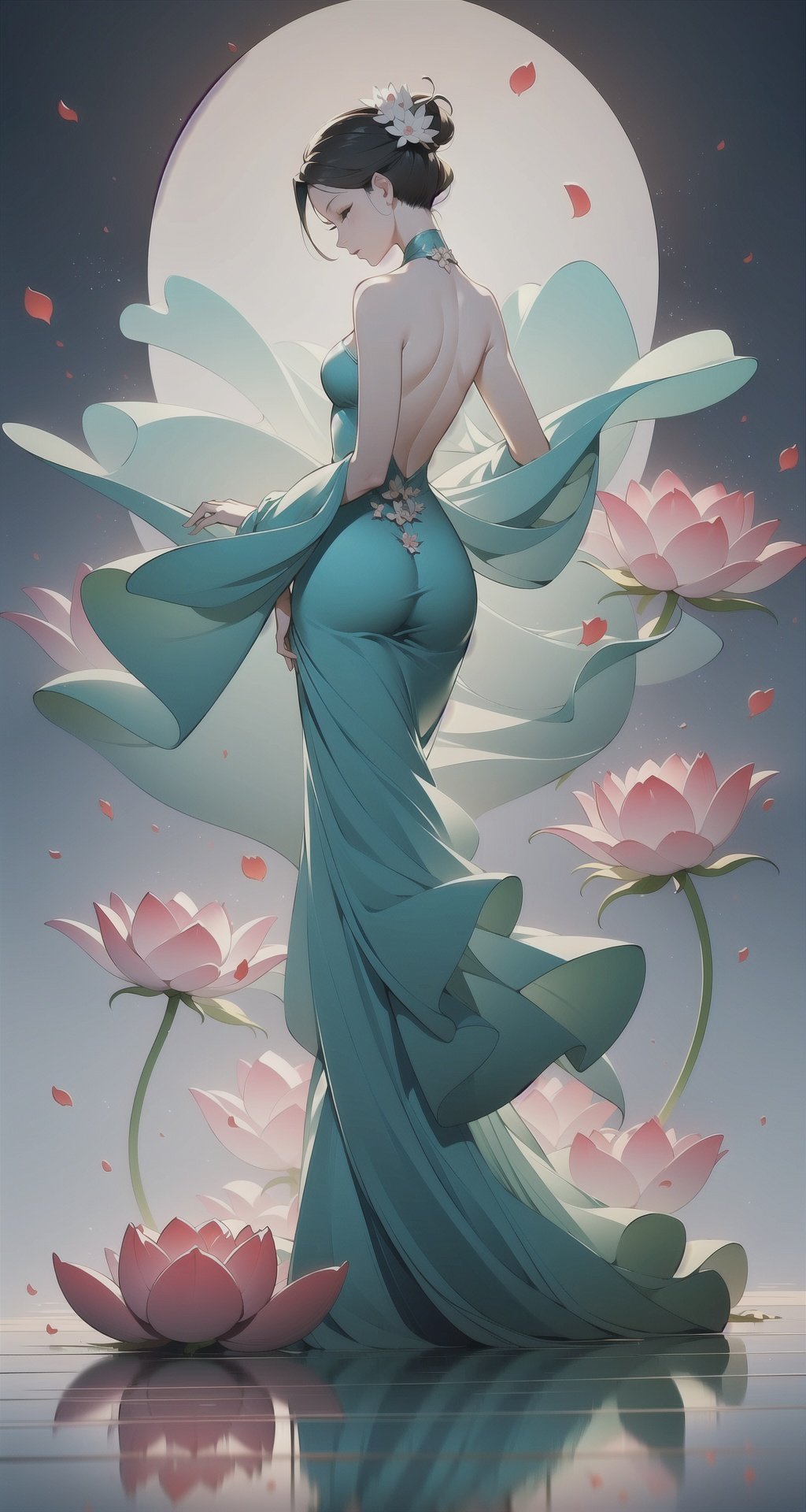 <lora:buyao (1):1>,buyao, 1girl, solo, dress, flower, standing, backless outfit, long sleeves, hair ornament, full body, shawl, from behind, backless dress, back, brown hair, facing away, blue dress, closed eyes, profile, petals, bare back, chinese clothes, backlighting 