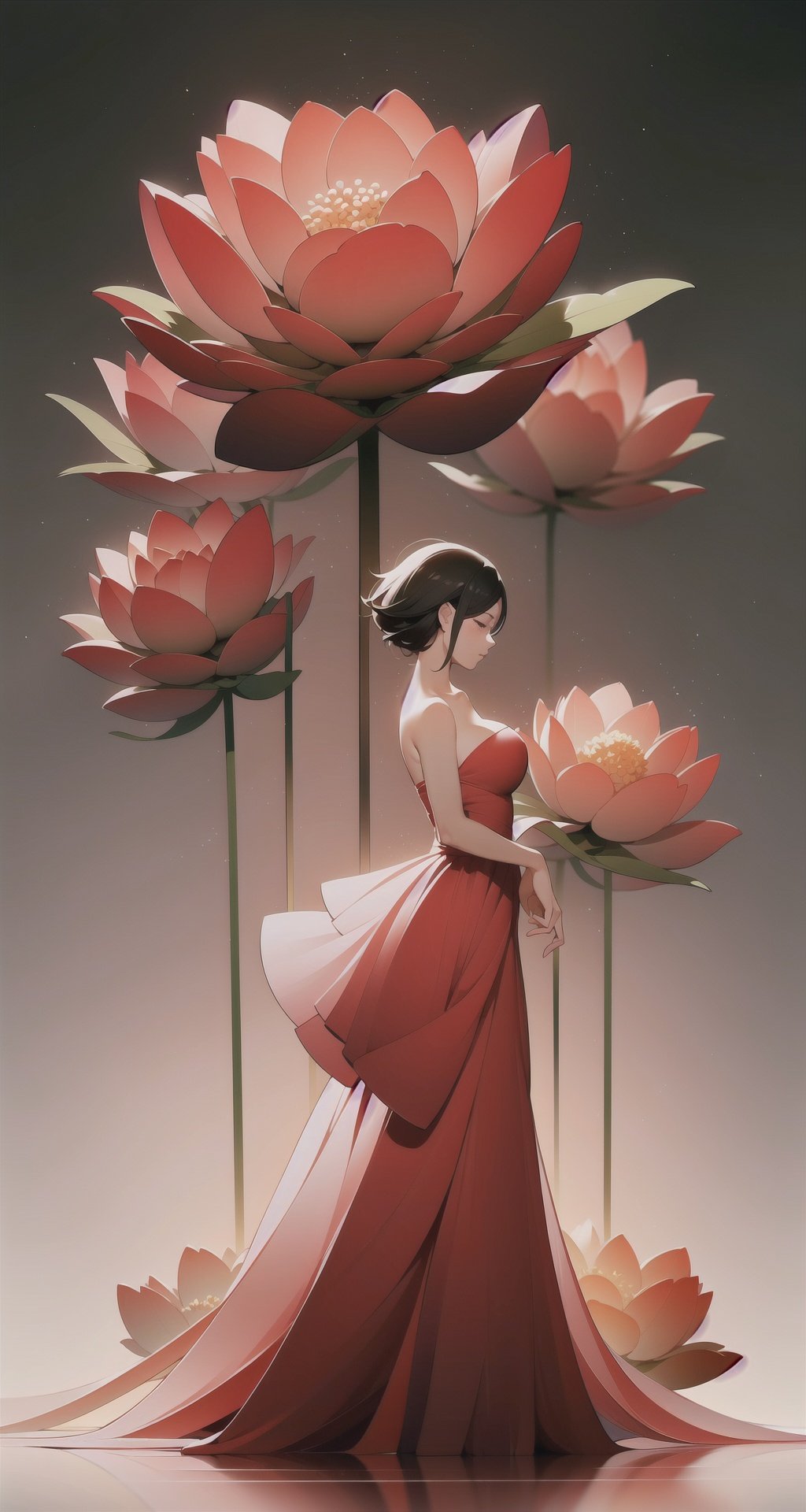 <lora:buyao (1):1>,buyao, 1girl, dress, solo, flower, short hair, red dress, red flower, black hair, black dress, bare shoulders, profile, red theme, long dress, standing, full body, strapless dress, strapless, from side, closed eyes, bangs, sleeveless, gradient, sleeveless dress, gradient background