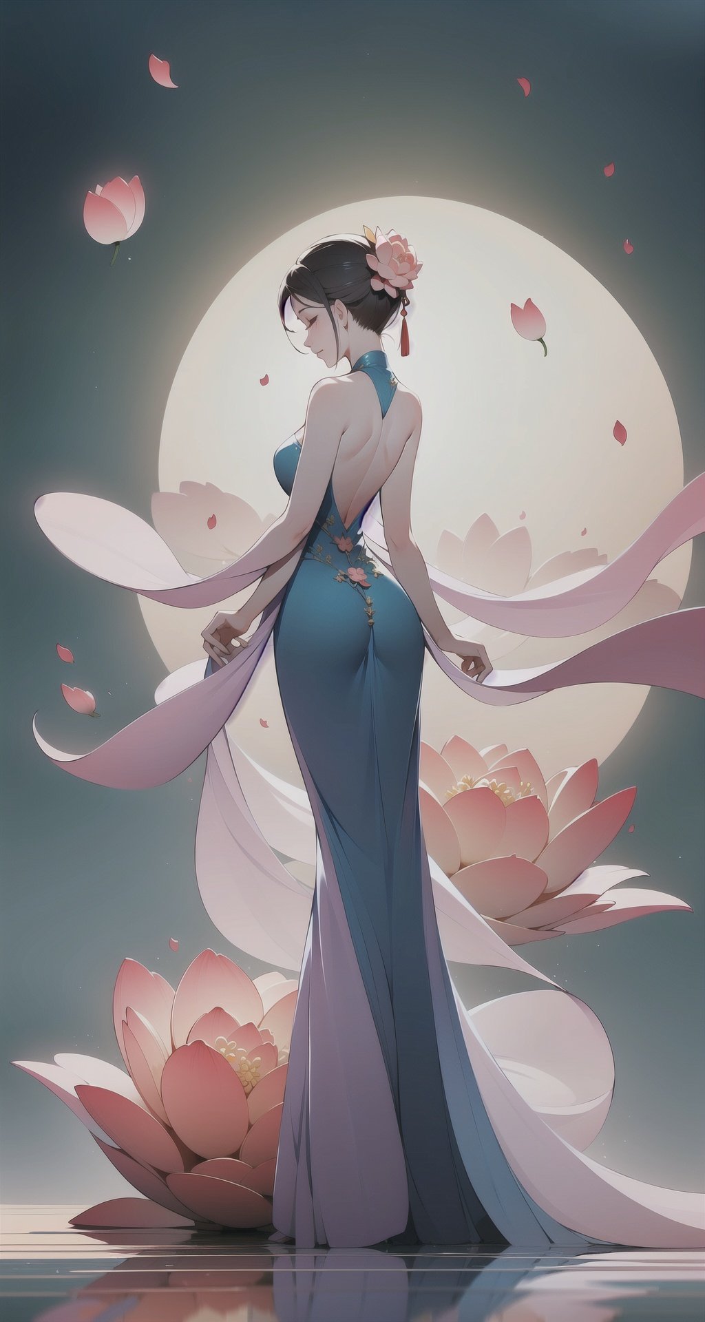 <lora:buyao (1):1>,buyao, 1girl, solo, dress, flower, standing, backless outfit, long sleeves, hair ornament, full body, shawl, from behind, backless dress, back, brown hair, facing away, blue dress, closed eyes, profile, petals, bare back, chinese clothes, backlighting 