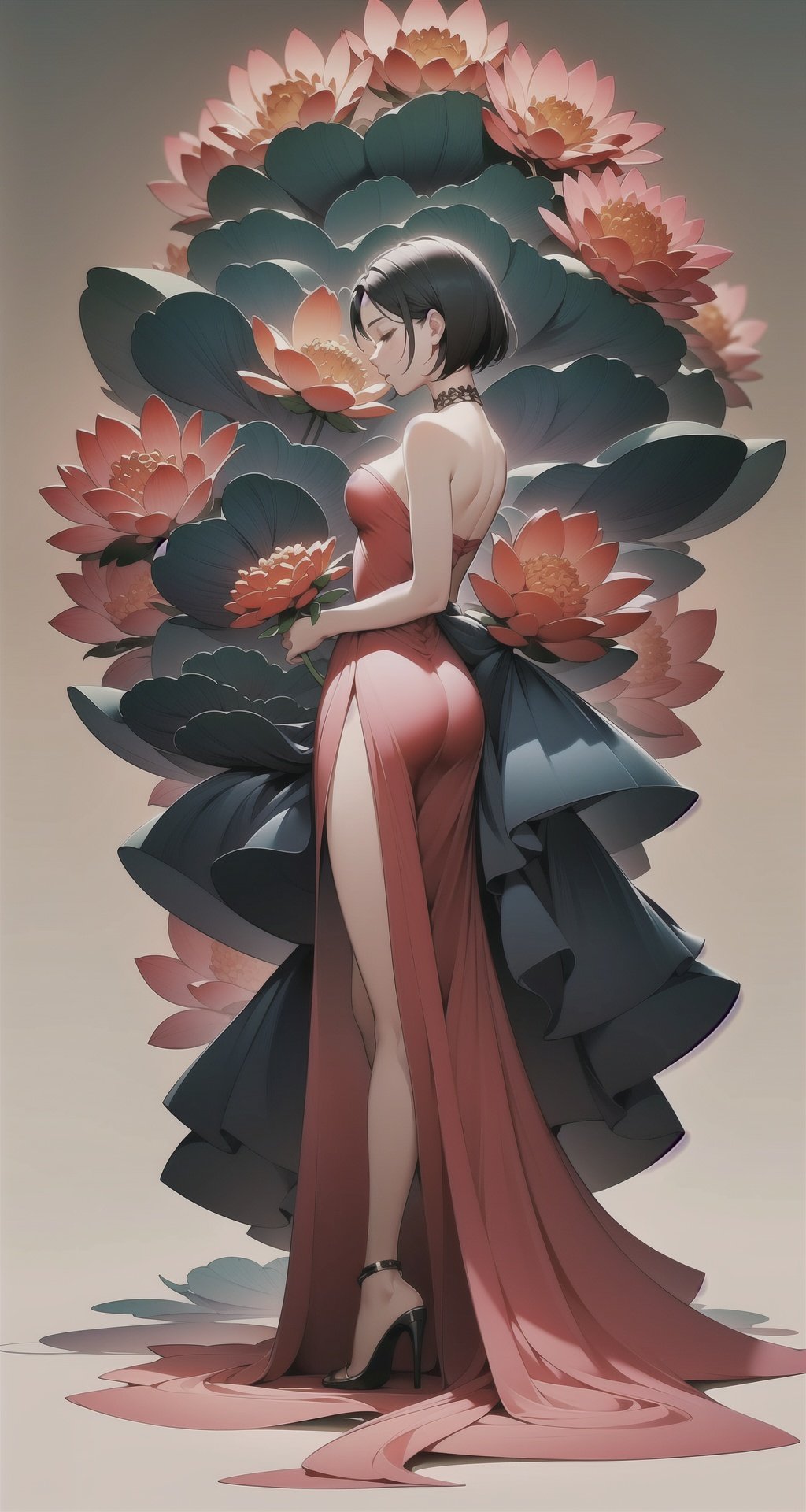 <lora:buyao (1):1>,buyao, 1girl, dress, solo, flower, short hair, red dress, red flower, black hair, black dress, bare shoulders, profile, red theme, long dress, standing, full body, strapless dress, strapless, from side, closed eyes, bangs, sleeveless, gradient, sleeveless dress, gradient background