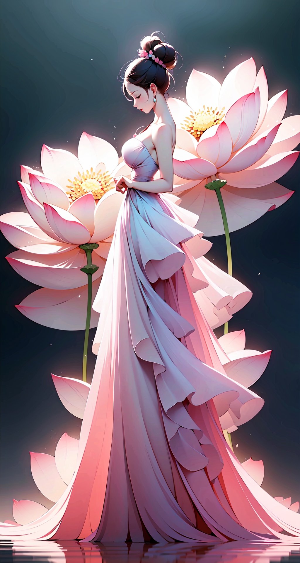 <lora:buyao (2):1>,buyao, 1girl, dress, solo, flower, white dress, closed eyes, pink flower, brown hair, profile, full body, short hair, standing, hair bun, bare shoulders, black hair