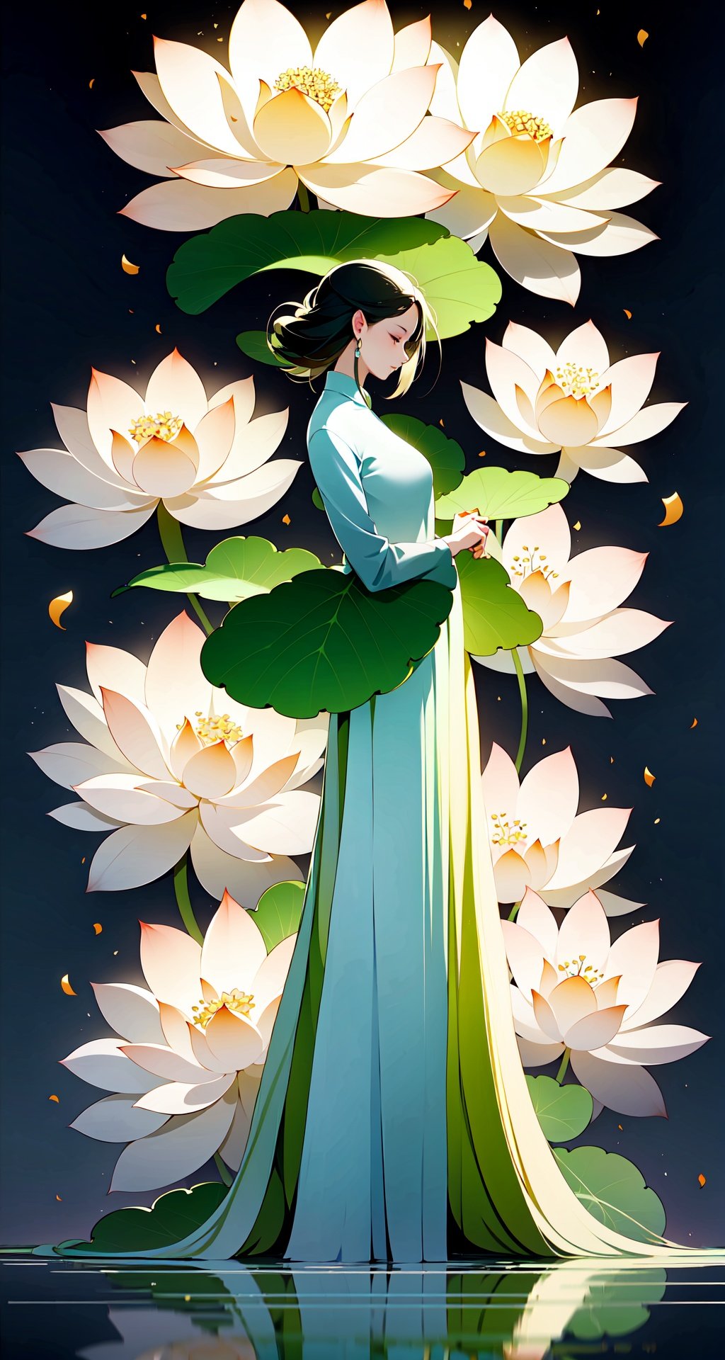 <lora:buyao (2):1>,buyao, 1girl, solo, flower, profile, dress, black hair, hair ornament, long sleeves, holding, short hair, standing, hair flower, grey background, closed eyes, white flower, plant, closed mouth, full body, holding flower, chinese clothes, long dress, from side, reflection, wide sleeves, leaf