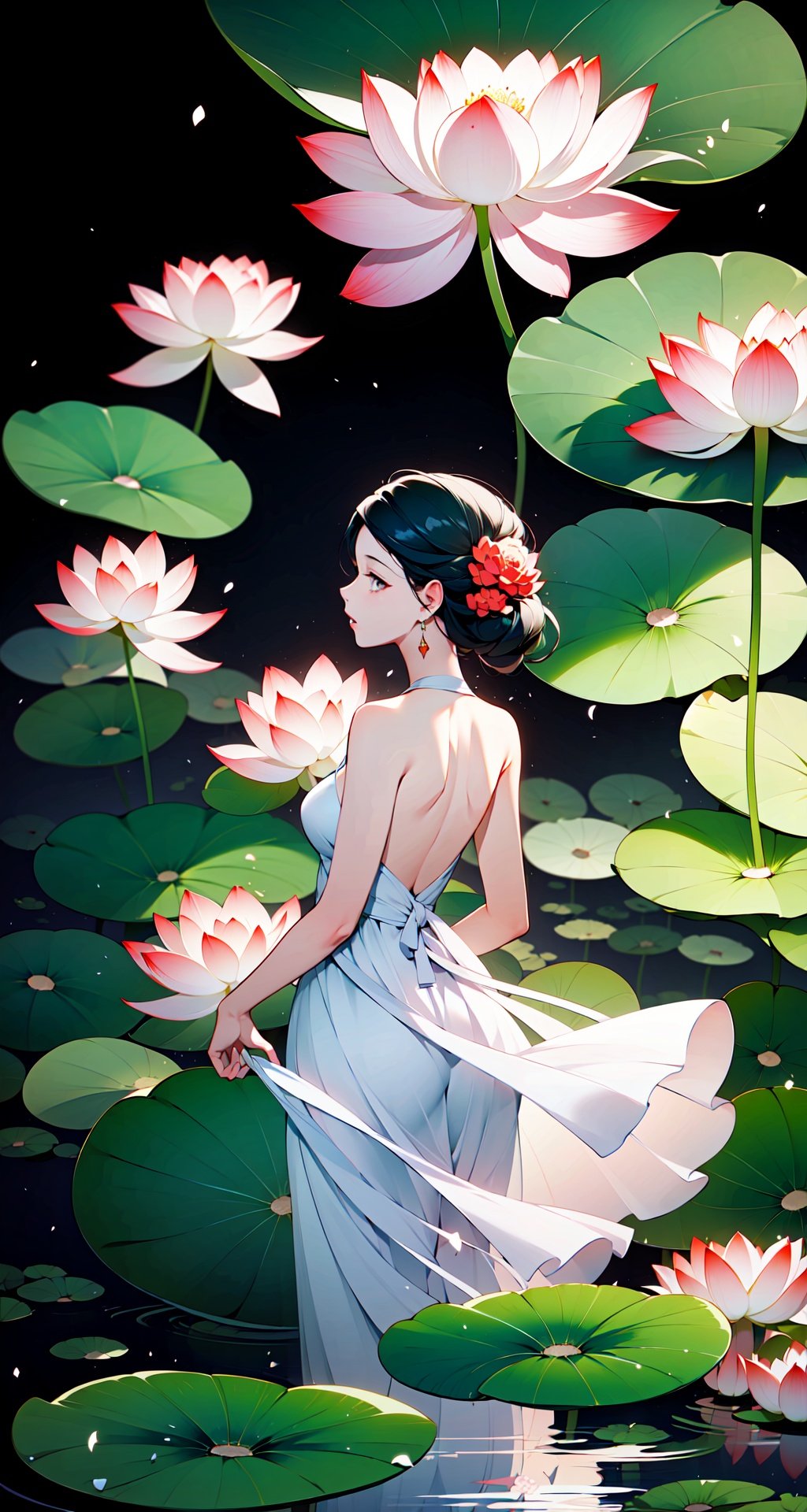 <lora:buyao (2):1>,buyao, lotus, flower, 1girl, dress, solo, red flower, standing, long hair, water, petals, white dress, facing away, backless outfit, backless dress, bare shoulders, blood, very long hair, ripples, lily pad