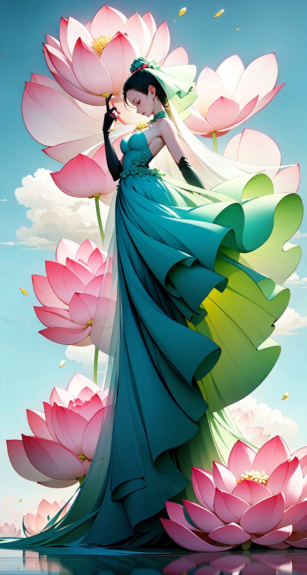 <lora:buyao (2):1>,buyao, 1girl, solo, dress, cloud, grass, sky, closed eyes, elbow gloves, gloves, bare shoulders, breasts, veil, outdoors, full body, strapless dress, medium breasts